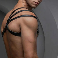 Man wearing men's body restraint strap on chest