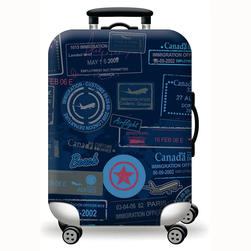 Map & Travel luggage cover – Navy Passport Stamps design