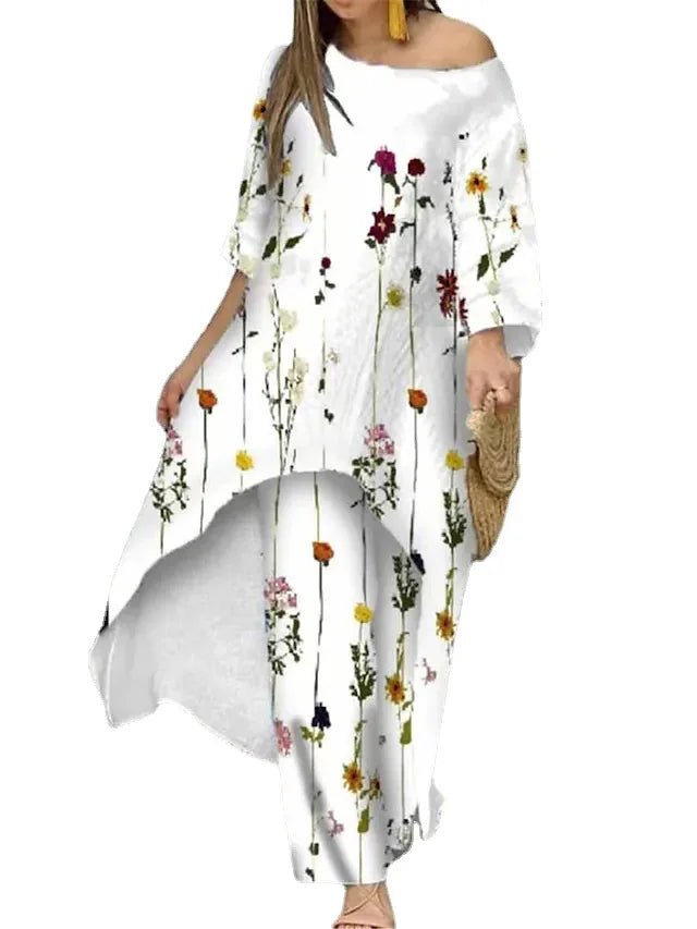 Women’s Floral Two‑Piece Pant Set – Casual Printed Top & Ankle‑Length Trousers