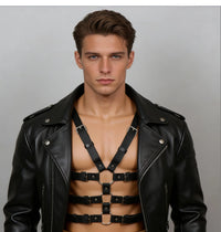 Black leather harness belt on mannequin