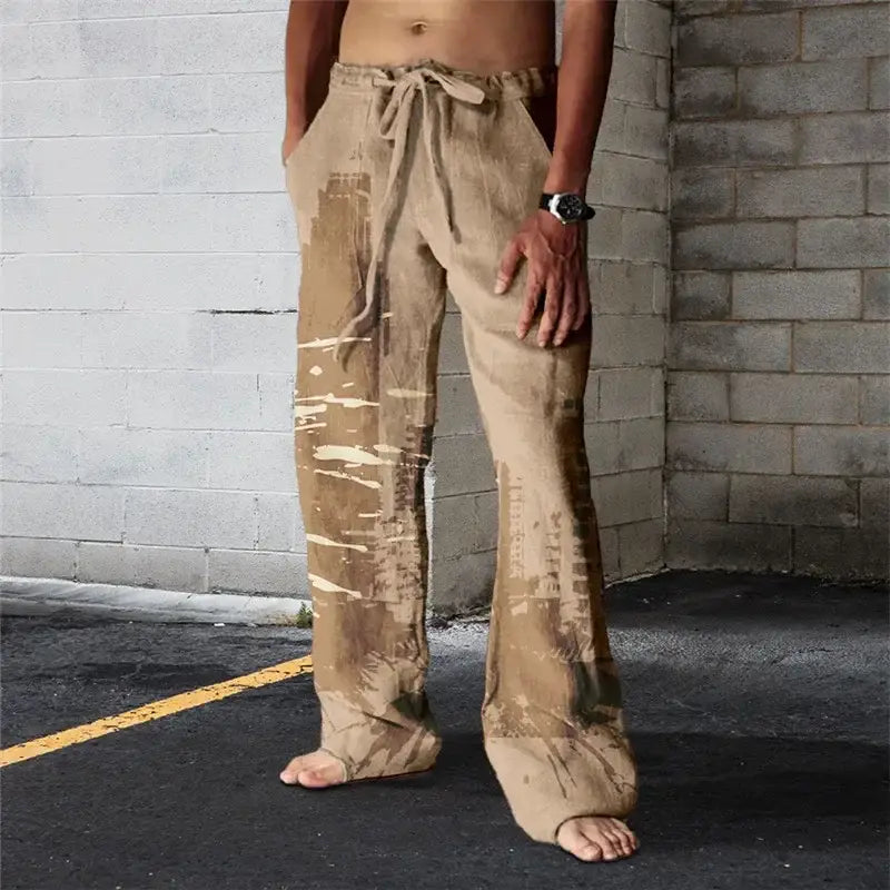 Hawaiian-Inspired Linen Wide Leg Pants for Men - 3D Printed Casual Beachwear for Summer Holidays