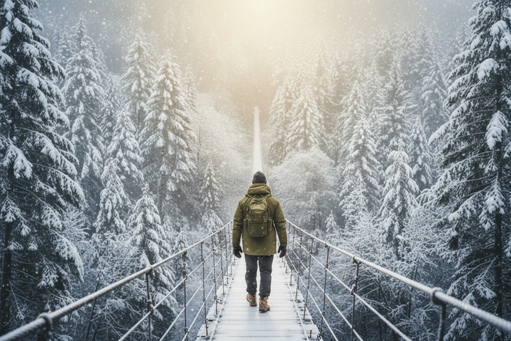 Person walking on a snowy bridge surrounded by snow-covered trees