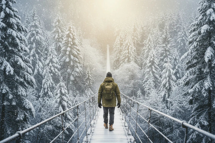 Person walking on a snowy bridge surrounded by snow-covered trees