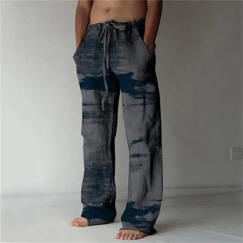 Hawaiian-Inspired Linen Wide Leg Pants for Men - 3D Printed Casual Beachwear for Summer Holidays