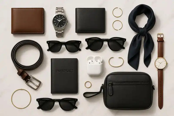 A collection of unique men’s accessories like wallets, watches, sunglasses, and more for lifestyle travel