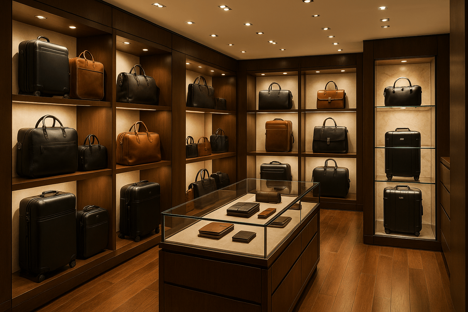 a photorealistic image of a luxury luggage store