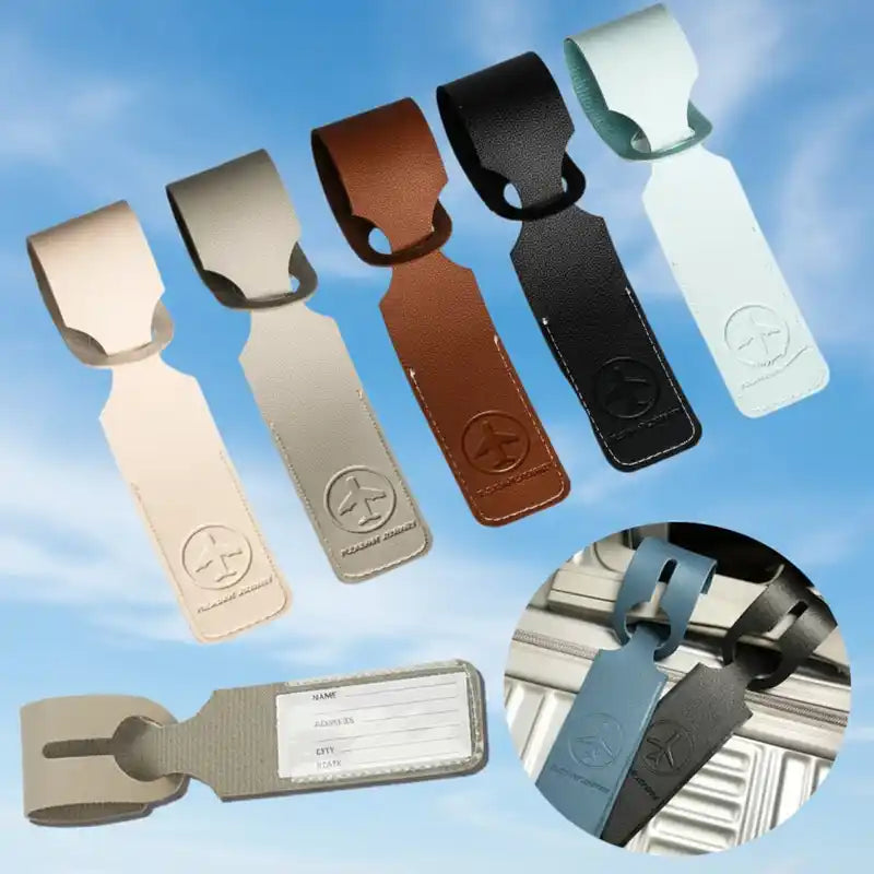 Assorted PU leather luggage tags with ID/address holder and secure strap in 9 colors. Ideal suitcase identifier for travel bags and carry-ons.
