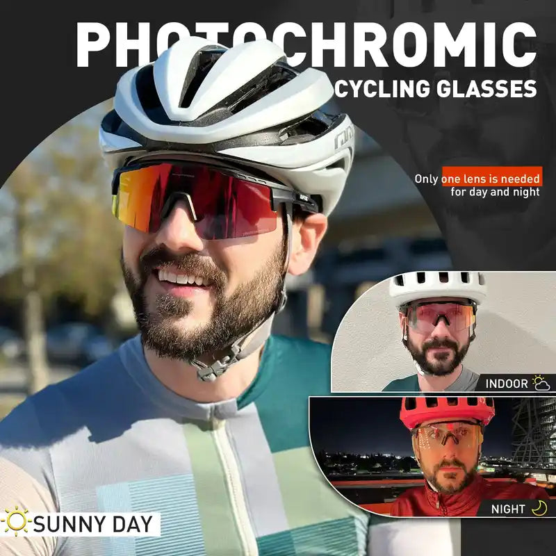 Man wearing Photochromic Cycling Glasses for Stylish Protection, showing lens transition for day and night use with UV400 safety.