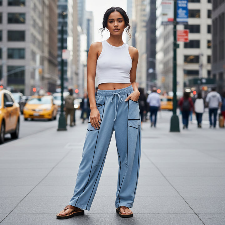 Women’s Wide‑Leg Cotton Pants – Mid‑Waist Trousers with Colour Stitch Design