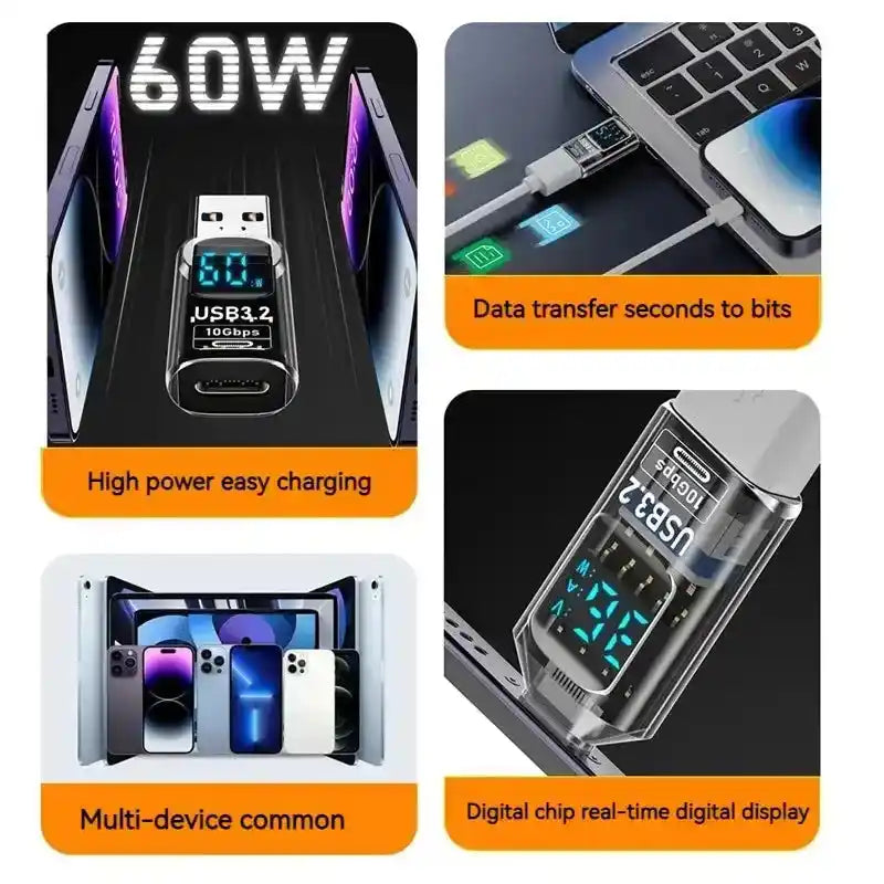 36W USB-C adaptors with high-speed charging, real-time digital display, and multi-device compatibility for phones and laptops.