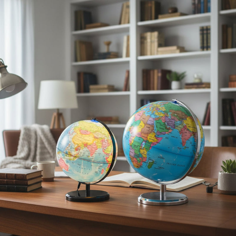 25 cm English LED/Non-LED Desk Globe 360° displayed on a wooden desk in a study room, ideal for home or office decor.