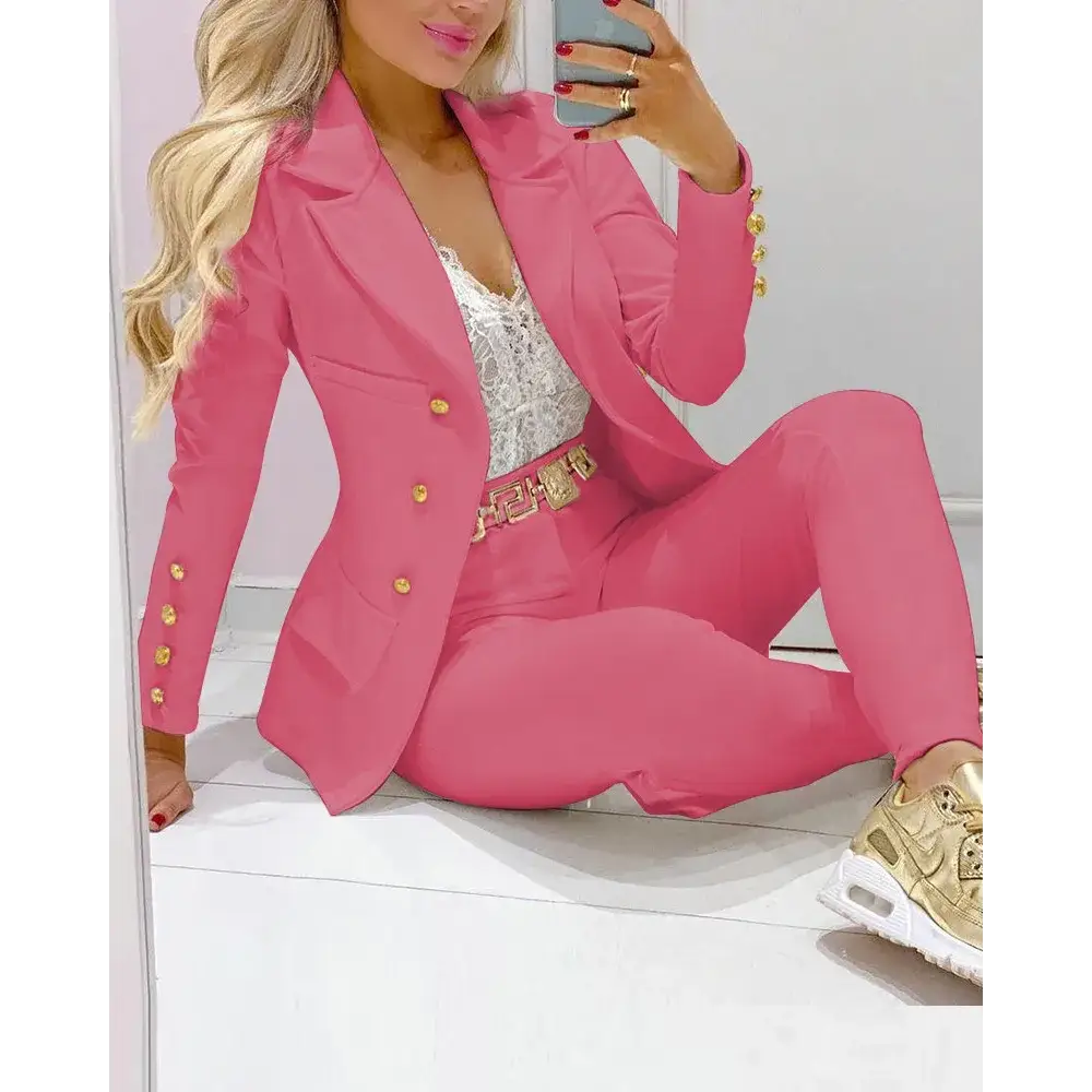 Casual Ladies Solid Elegant Two Piece Set - Pink / M - Suit