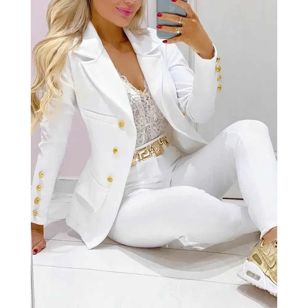 Casual Ladies Solid Elegant Two Piece Set - WHITE / S - Suit