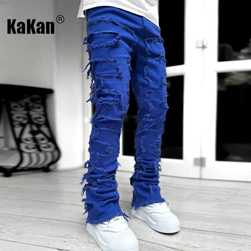 Kakan - New European and American Heavyweight Streetwise Stretch Patch Jeans for Men, High Street Straight Fit Long Jeans16-3001 - Lifestyle Travel Trading