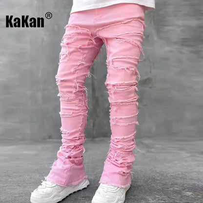 Kakan - New European and American Heavyweight Streetwise Stretch Patch Jeans for Men, High Street Straight Fit Long Jeans16-3001 - Lifestyle Travel Trading