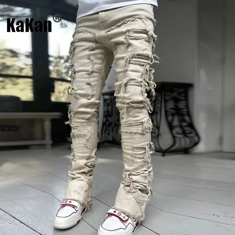 Kakan - New European and American Heavyweight Streetwise Stretch Patch Jeans for Men, High Street Straight Fit Long Jeans16-3001 - Lifestyle Travel Trading