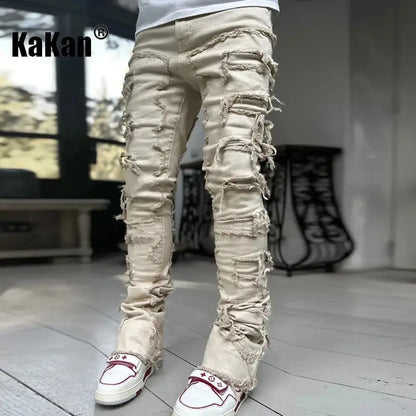 Kakan - New European and American Heavyweight Streetwise Stretch Patch Jeans for Men, High Street Straight Fit Long Jeans16-3001 - Lifestyle Travel Trading