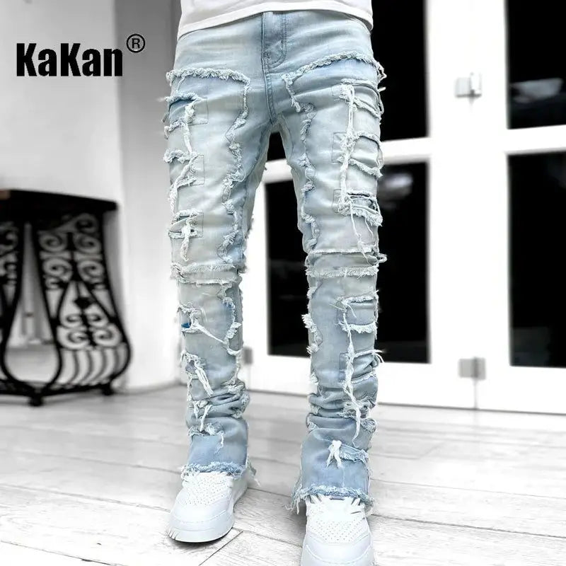 Kakan - New European and American Heavyweight Streetwise Stretch Patch Jeans for Men, High Street Straight Fit Long Jeans16-3001 - Lifestyle Travel Trading