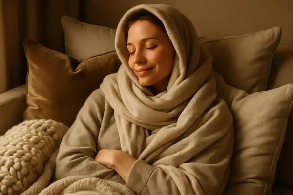 Cozy woman wrapped in plush blanket perfect for choosing fabrics with the best ratio