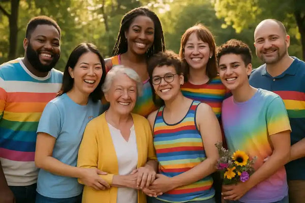 Diverse group of people in rainbow clothing celebrating LGBTQIA+ lifestyle choices