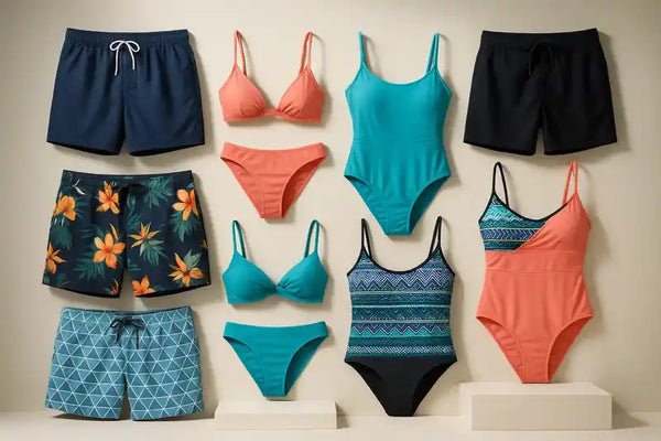 Colorful swimwear collection with men’s trunks and women’s bikinis for beach days