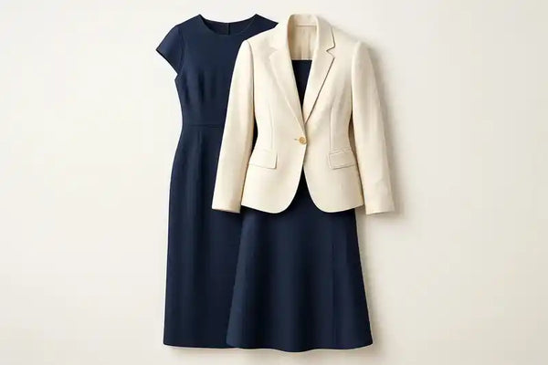 Stylish womenswear navy blue dress and cream blazer perfect for travel adventures