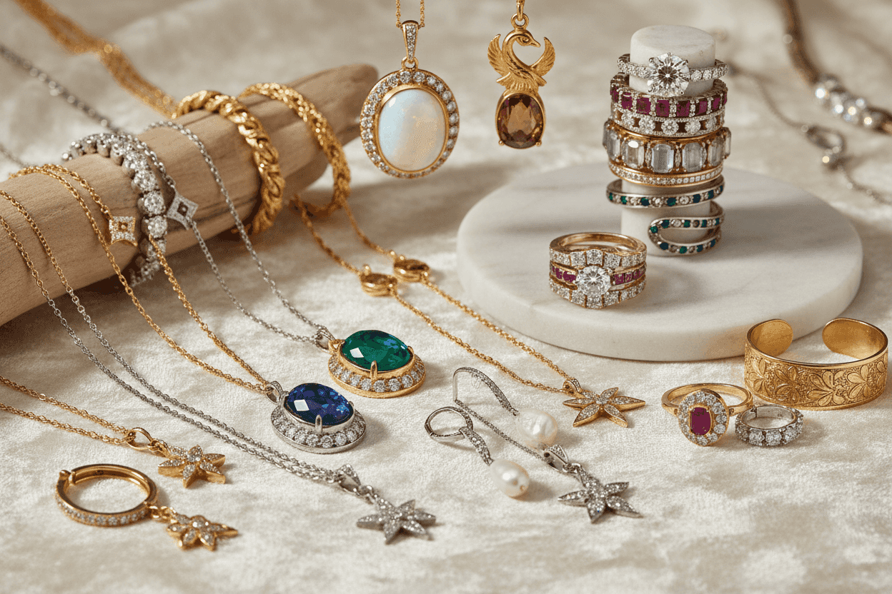 Jewellery Bundle Builder - Buy & Save | Custom Packages showcasing assorted gold and silver jewelry sets with gemstones and vintage-inspired styles.