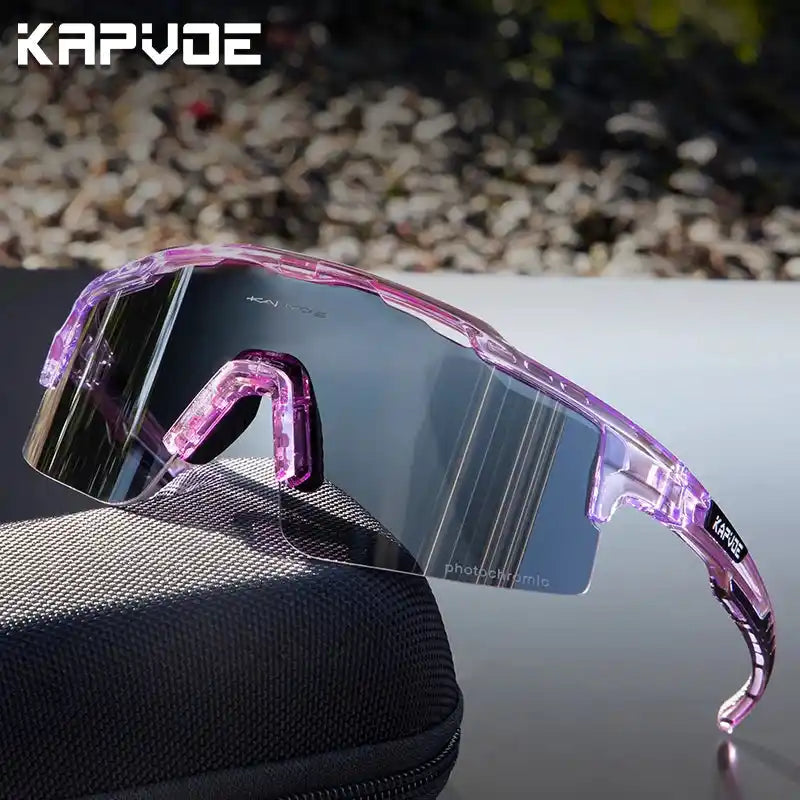 Purple frame Photochromic Cycling Glasses for Stylish Protection with UV400 lenses, displayed with protective case for cycling use.