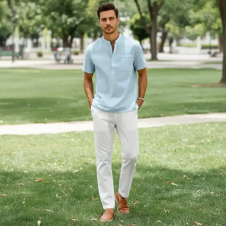 Cotton Linen Shirt | Men's Henley Neck Short Sleeve Beach Casual Top Dropified