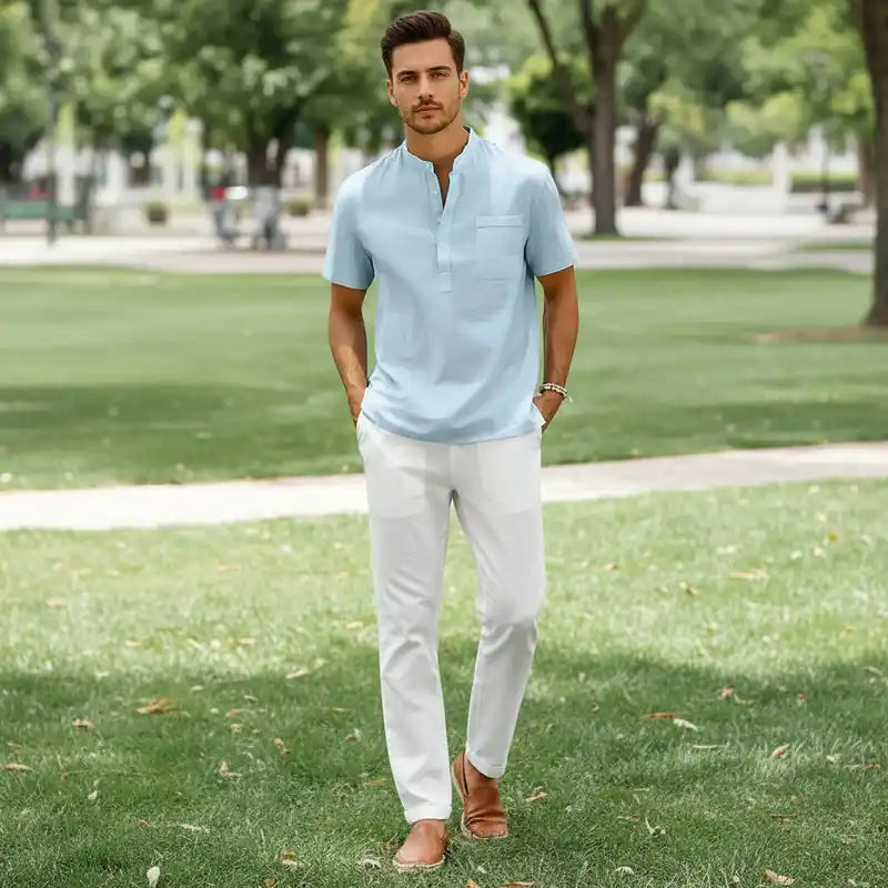 Cotton Linen Shirt | Men's Henley Neck Short Sleeve Beach Casual Top Dropified