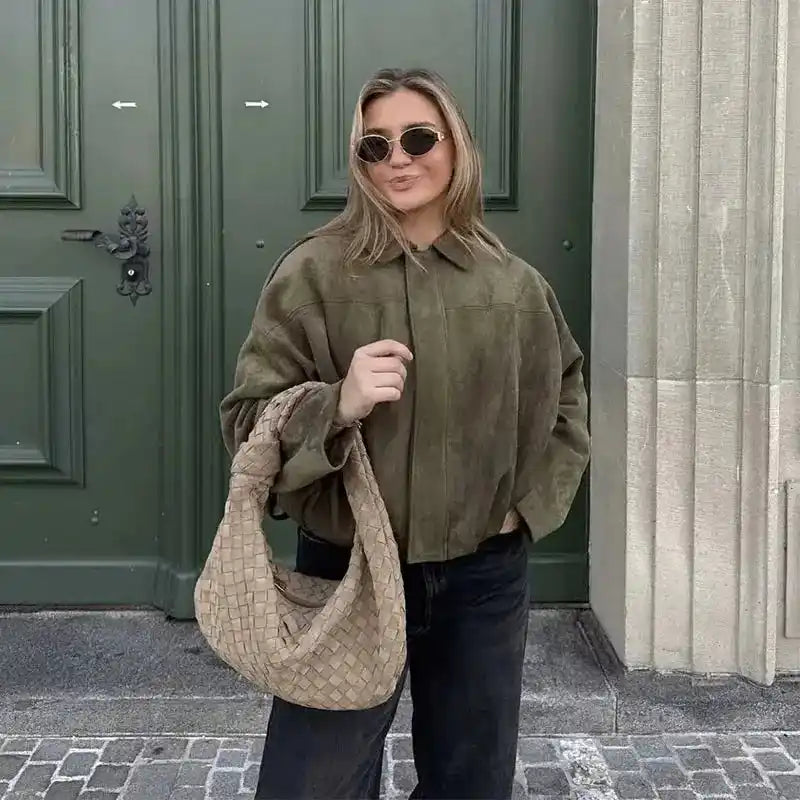 Women's Bomber Jacket | Turn-Down Collar Loose Fit Vintage Outerwear TrendLeading Store