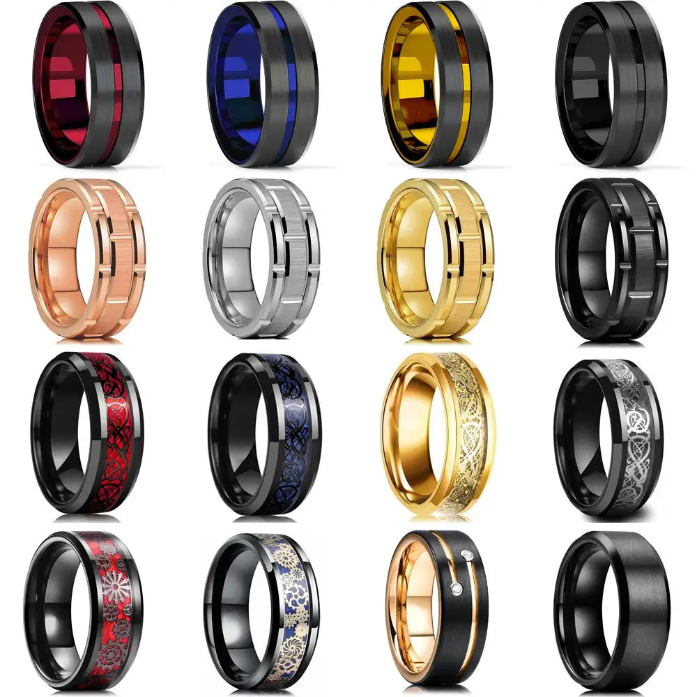 Fashion Men's 8mm Gold Color Groove Beveled Edge Tungsten Wedding Carbon Fiber Ring Punk Gear Wheel Stainless Steel Ring For Men - Lifestyle Travel Trading