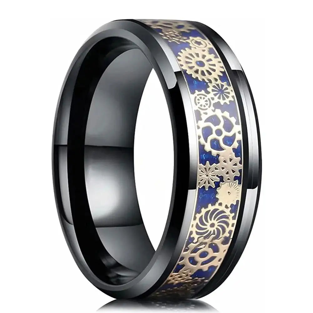 Fashion Men's 8mm Gold Color Groove Beveled Edge Tungsten Wedding Carbon Fiber Ring Punk Gear Wheel Stainless Steel Ring For Men - Lifestyle Travel Trading