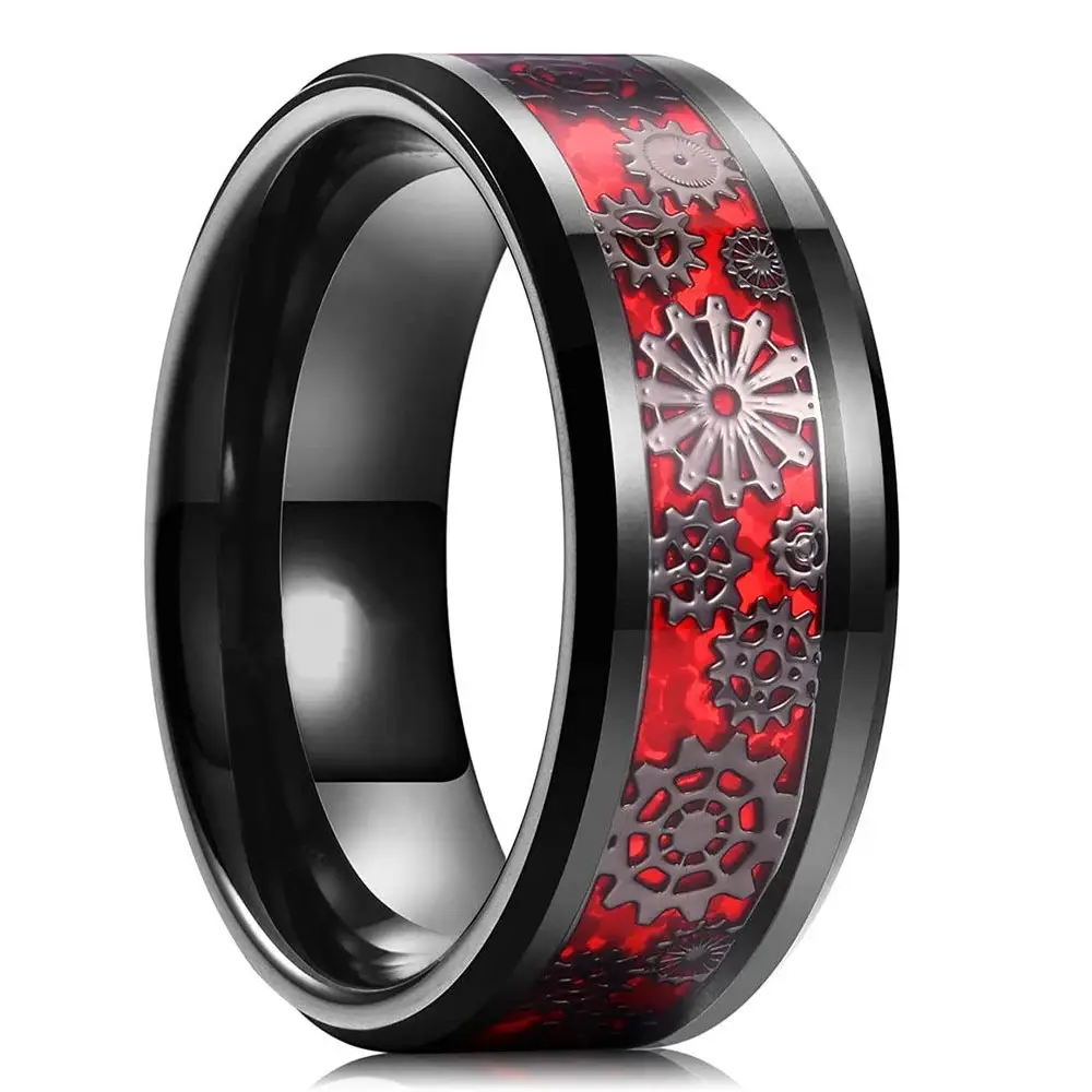 Fashion Men's 8mm Gold Color Groove Beveled Edge Tungsten Wedding Carbon Fiber Ring Punk Gear Wheel Stainless Steel Ring For Men - Lifestyle Travel Trading