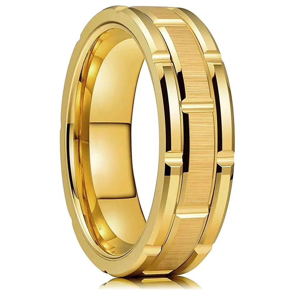 Fashion Men's 8mm Gold Color Groove Beveled Edge Tungsten Wedding Carbon Fiber Ring Punk Gear Wheel Stainless Steel Ring For Men - Lifestyle Travel Trading