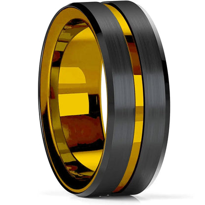 Fashion Men's 8mm Gold Color Groove Beveled Edge Tungsten Wedding Carbon Fiber Ring Punk Gear Wheel Stainless Steel Ring For Men - Lifestyle Travel Trading