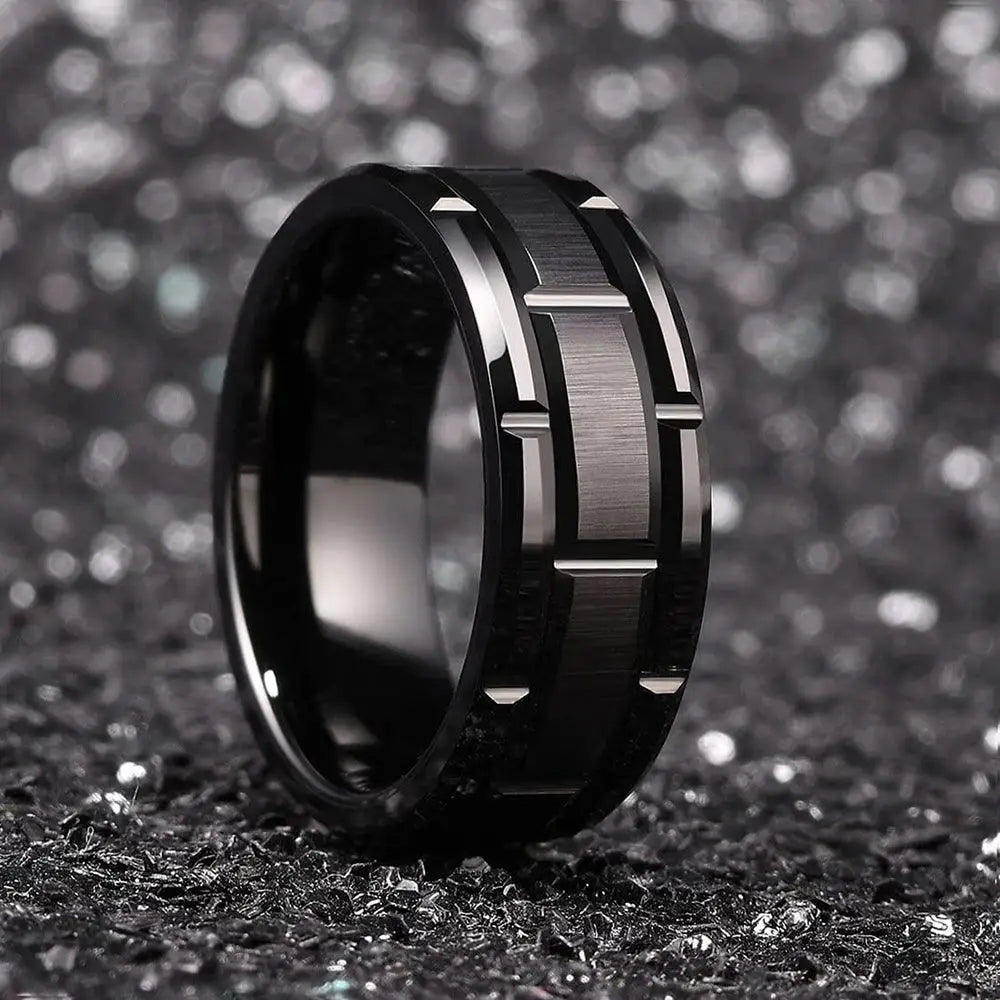 Fashion Men's 8mm Gold Color Groove Beveled Edge Tungsten Wedding Carbon Fiber Ring Punk Gear Wheel Stainless Steel Ring For Men - Lifestyle Travel Trading