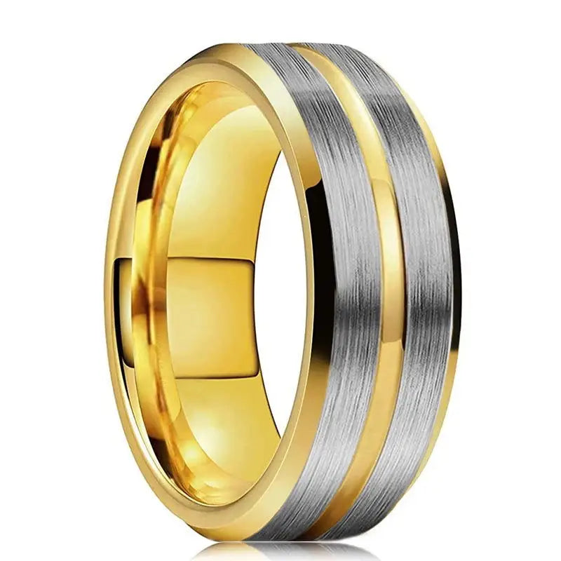 Fashion Men's 8mm Gold Color Groove Beveled Edge Tungsten Wedding Carbon Fiber Ring Punk Gear Wheel Stainless Steel Ring For Men - Lifestyle Travel Trading