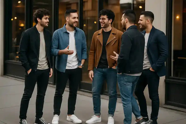 Five men in casual and semi-casual outfits showcasing male lifestyle choices