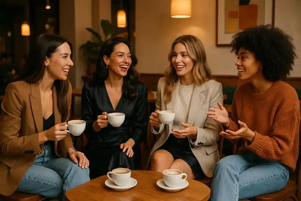 Four women enjoying coffee together in a cafe, embracing female lifestyle choices
