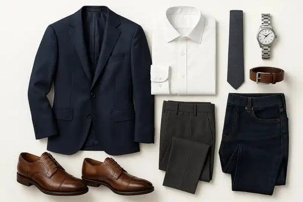 Men’s navy blue blazer with brown leather shoes from premium menswear collection