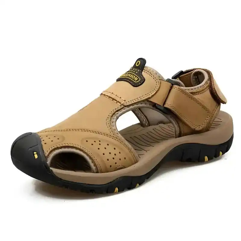 Tan leather sandal from Genuine Leather Men’s Summer Sandals collection for travel lifestyle
