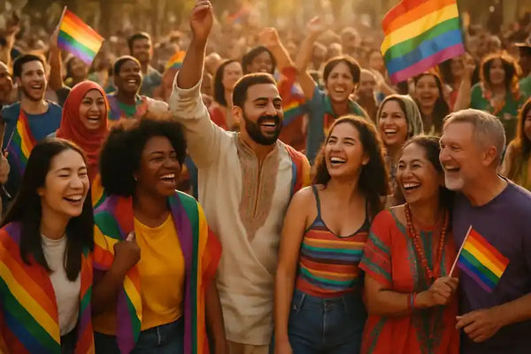 Joyful crowd celebrating LGBTQIA+ identities with rainbow flags and colorful outfits