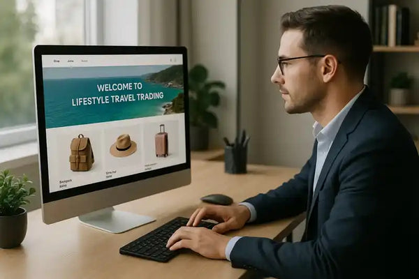 Man in suit with glasses working on travel trading website for lifestyle travel article