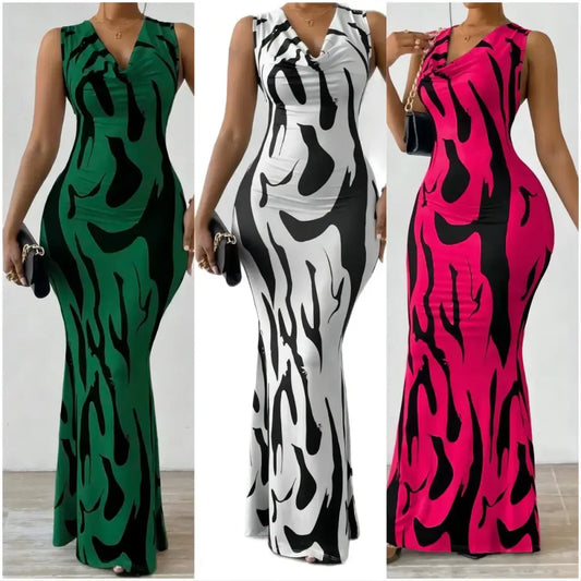 Print Dress Sleeveless Long Midi Waist Wrap Dresses - Dress