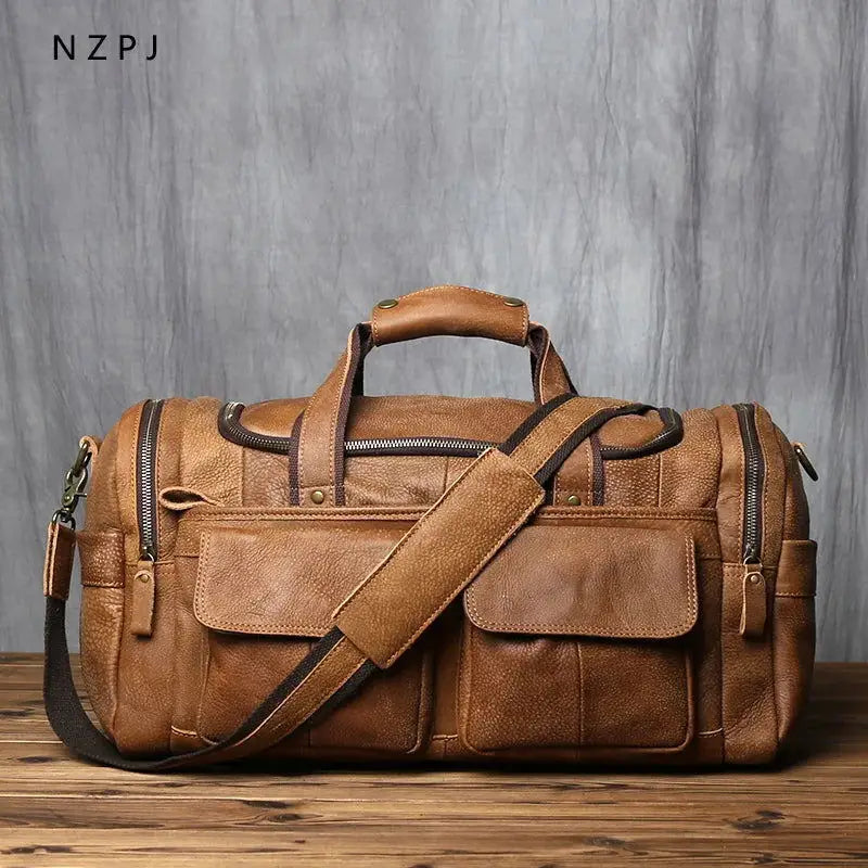 NZPJ Retro Men's Hand Luggage Bag Leather Travel Bag Top Layer Cowhide Large Capacity One Shoulder Messenger Bag Casual Laptop - Lifestyle Travel Trading