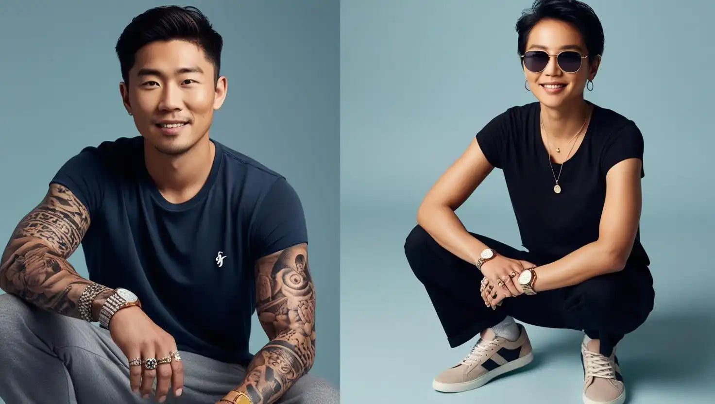 Side-by-side portrait photos showing two people in casual black attire against a simple backdrop.