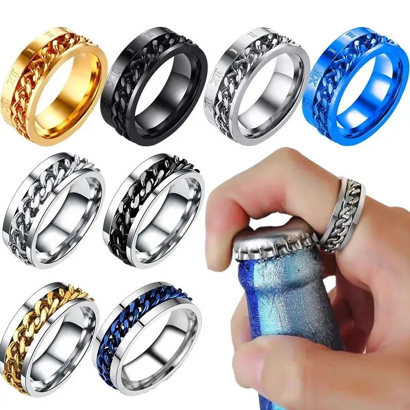 Titanium Steel Rotatable Chain Rings Men Women Stress Ring For Anxiety Couple Jewelry 8mm Corkscrew Rings Multifunctional Gift - Lifestyle Travel Trading