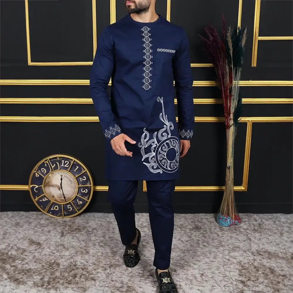 Summer African Men’s Traditional Elegant Suits Outfit Dashiki 2Pcs Shirt & Pants Full Set Designer Clothes Abaya Brand