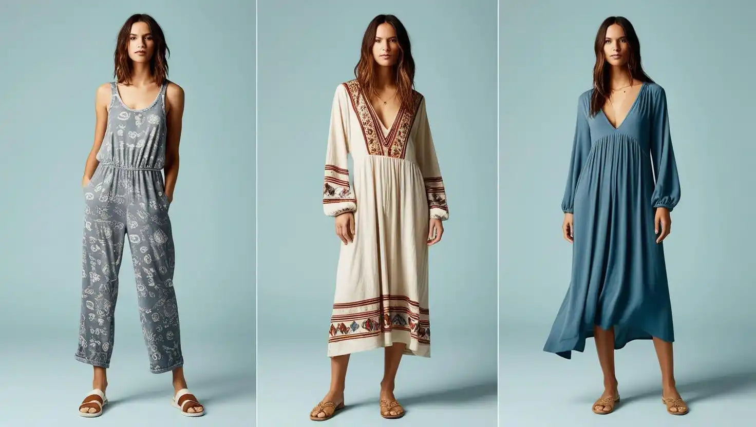 Three bohemian-style outfits featuring tie-dye overalls, an embroidered midi dress, and a flowing blue peasant dress.